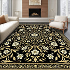 Vintage Floral Motif Black Gold Rug