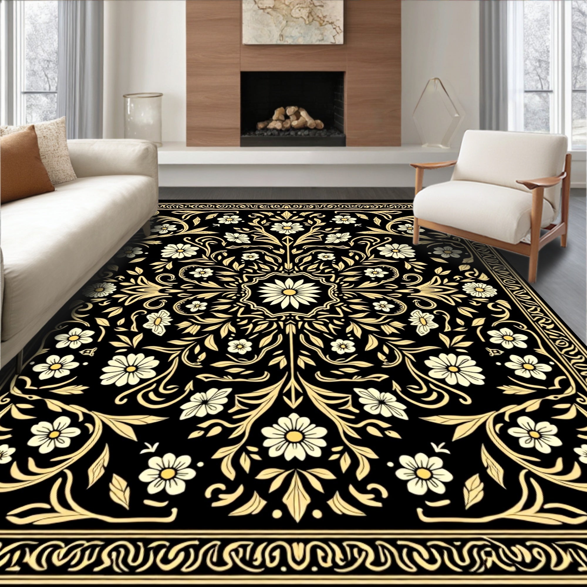 Vintage Floral Motif Black Gold Rug