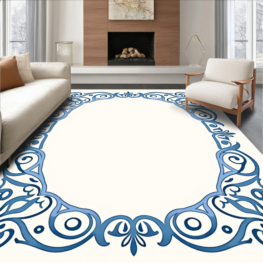 Elegant Blue Scrollwork Floral Frame Rug