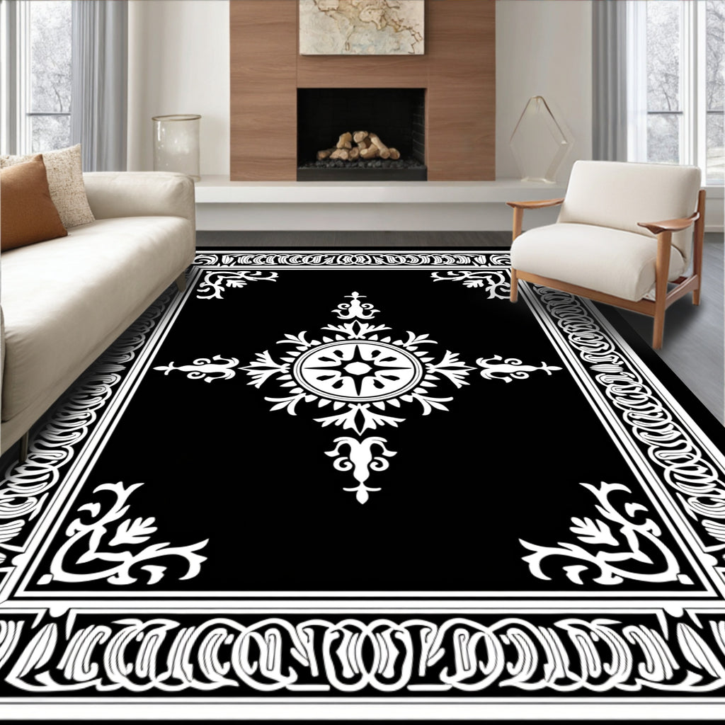 Classic Black White Ornate Floral Rug