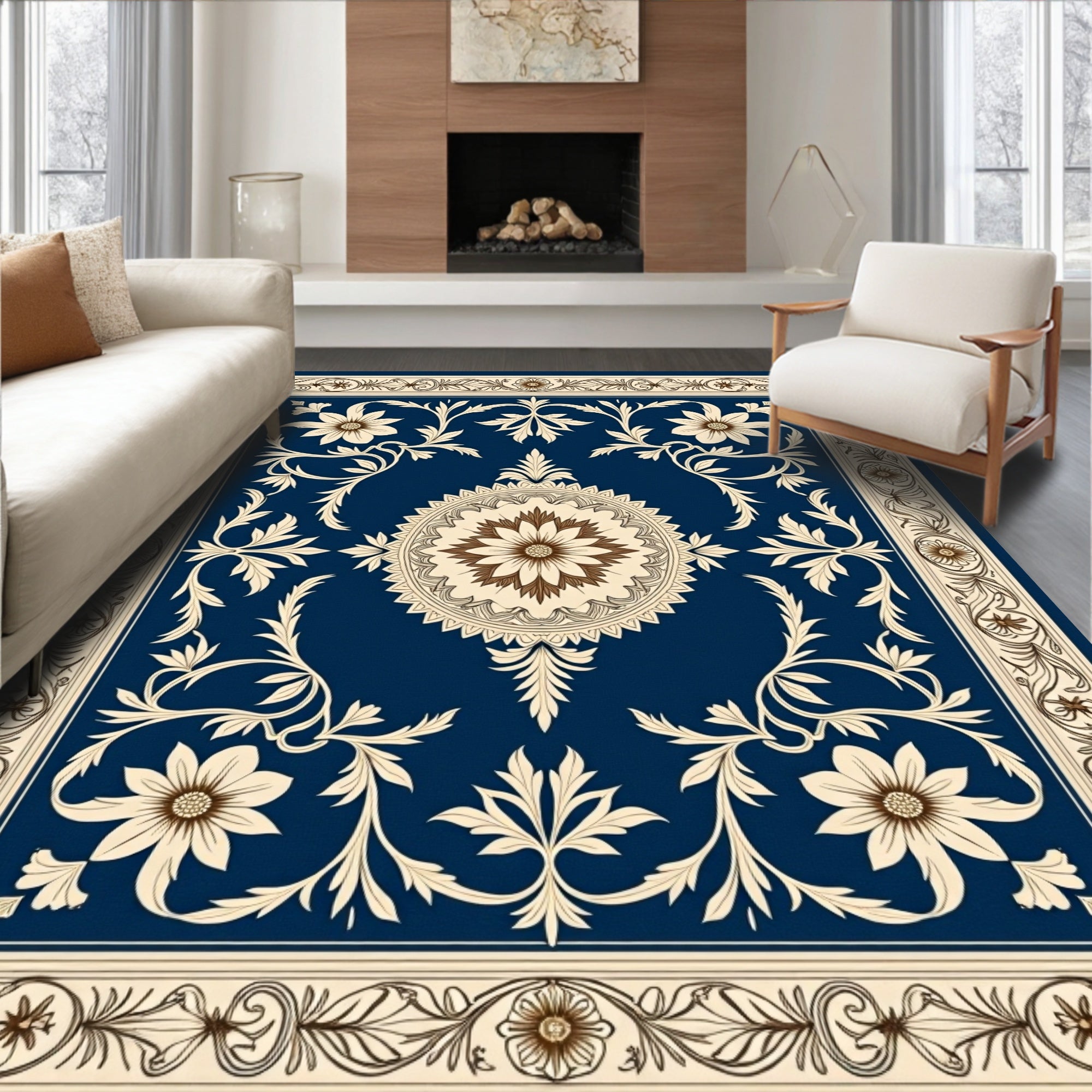 Elegant Floral Vintage Cream Border Rug