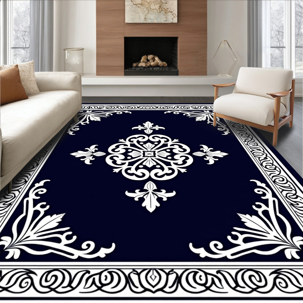 Dark Blue White Floral Swirl Design Rug