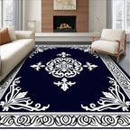 Dark Blue White Floral Swirl Design Rug