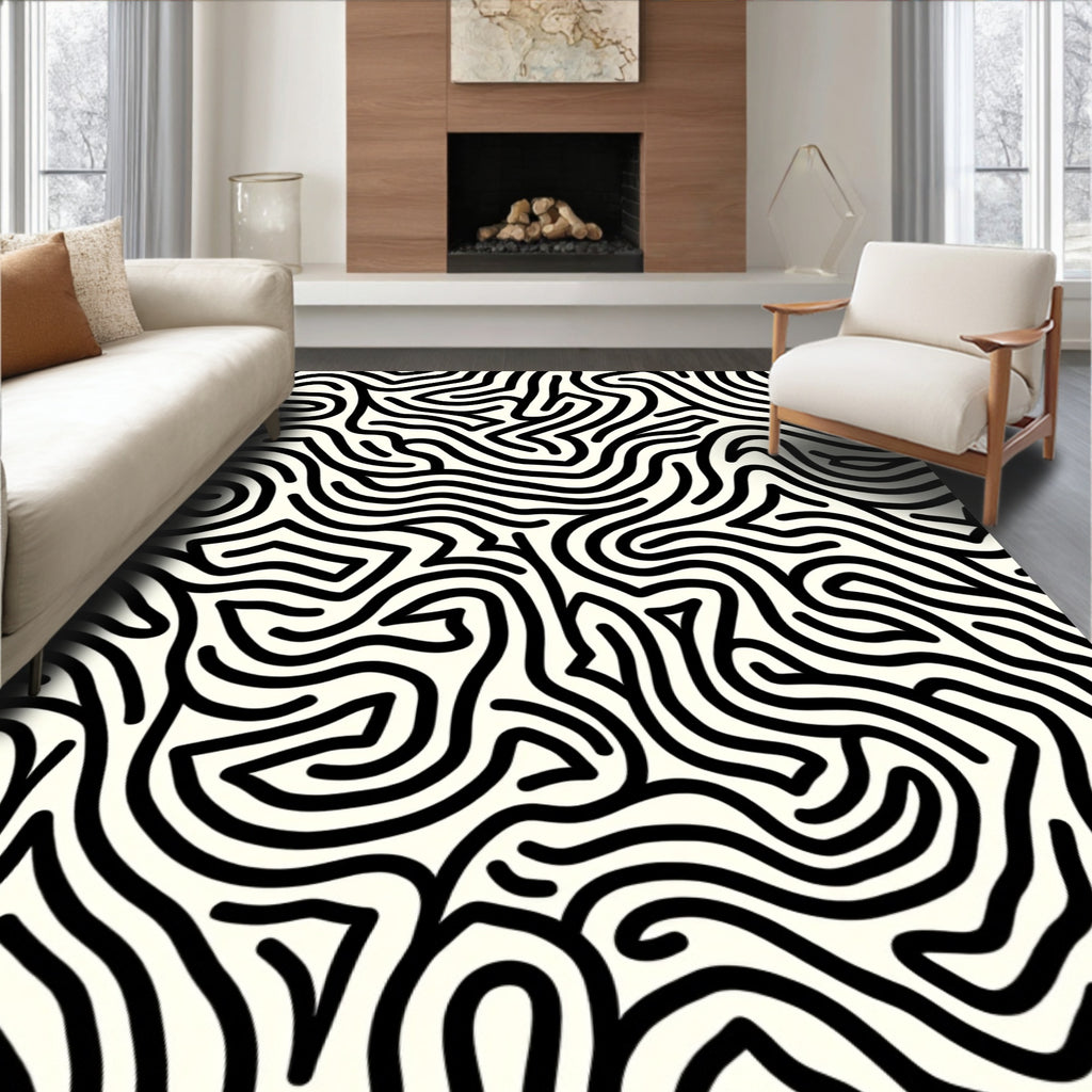 Bold Black Winding Maze Pattern Rug