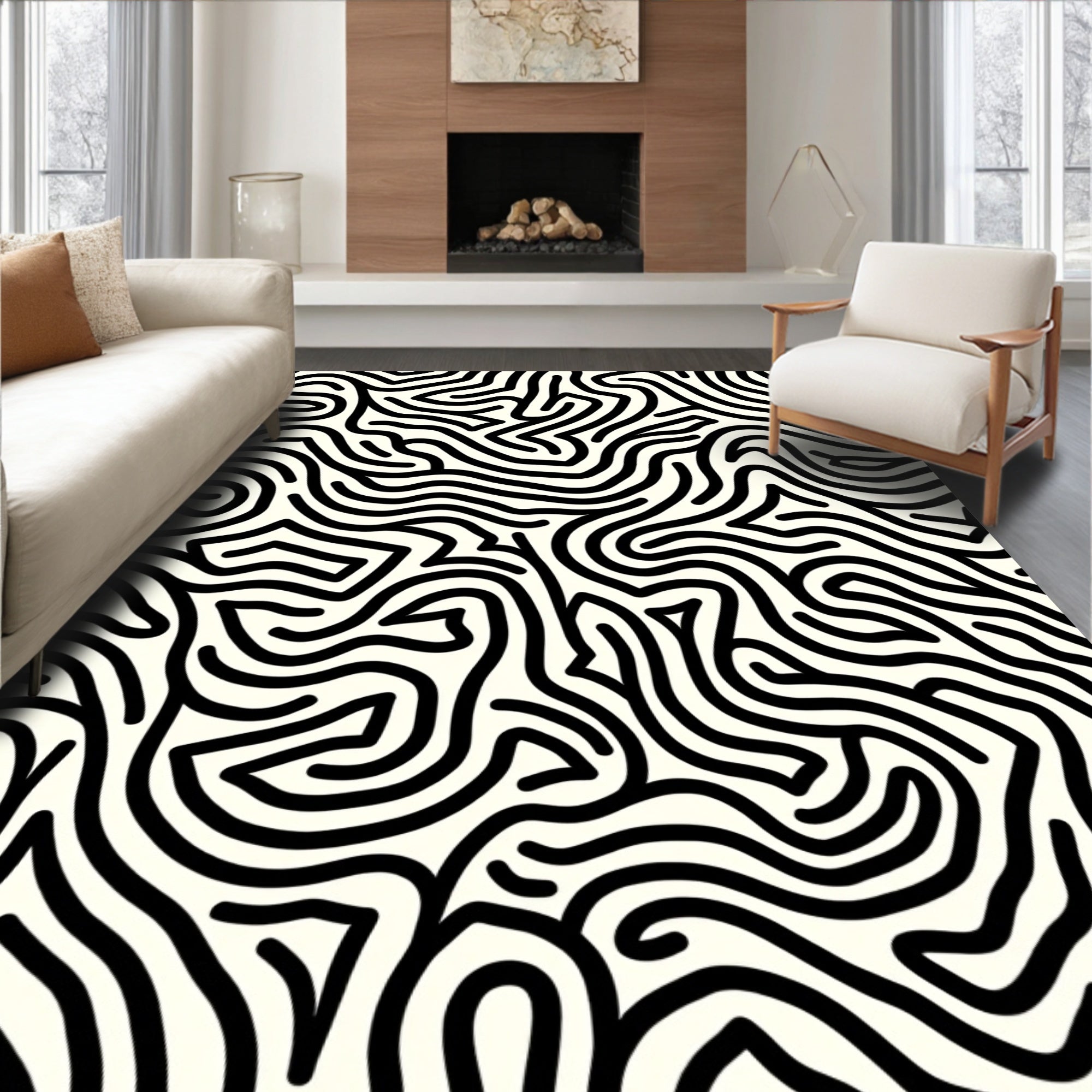 Bold Black Winding Maze Pattern Rug