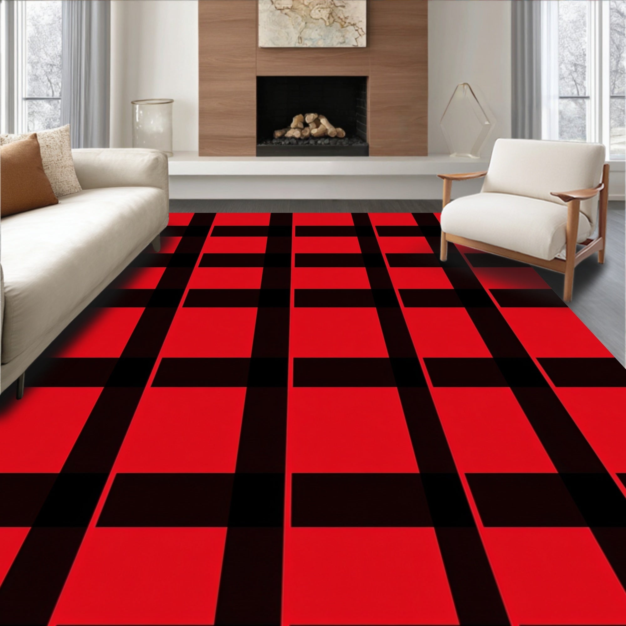 Bold Red Black Plaid Design Rug