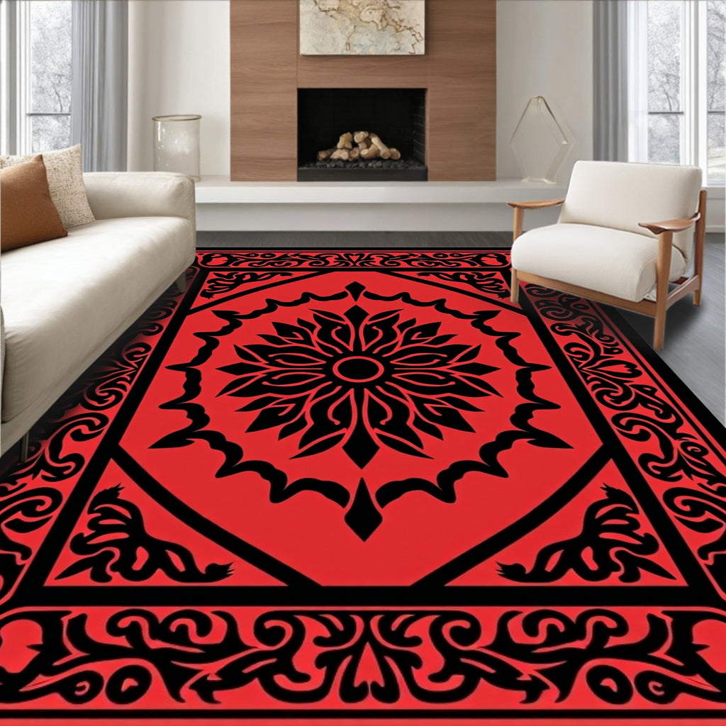 Red Black Floral Symmetry Rug