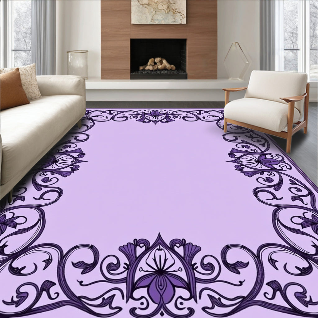 Exquisite Purple Floral Scroll Frame Rug