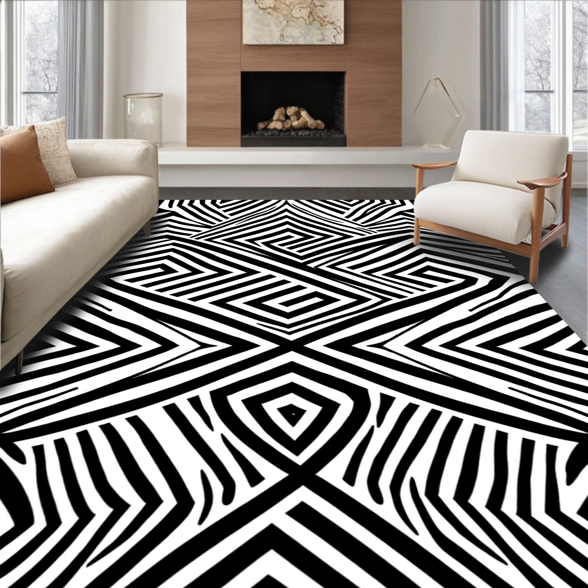Bold Black White Geometric Maze Rug