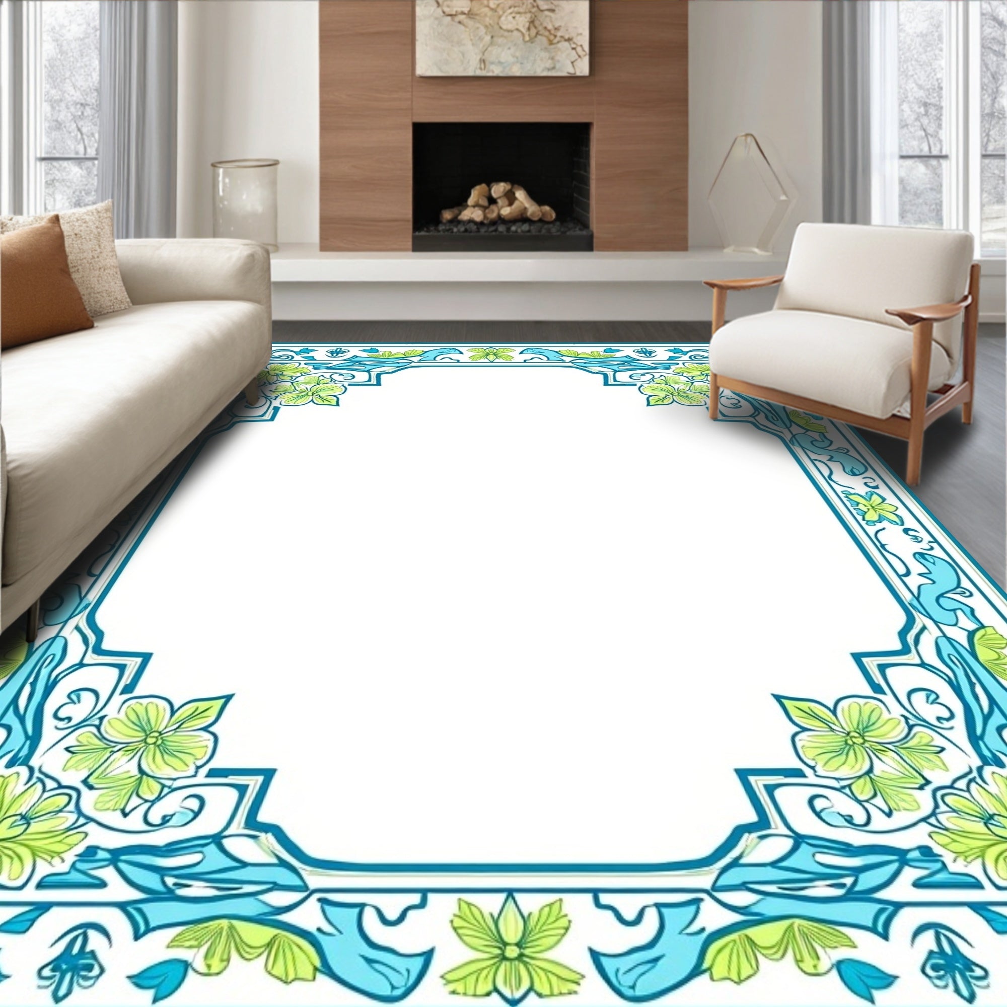 Teal Floral Vines Border Design Rug