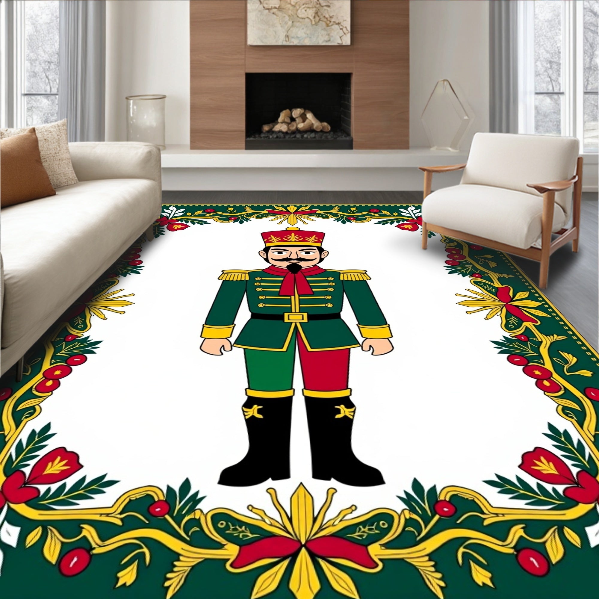 Festive Green Red Nutcracker Garland Rug
