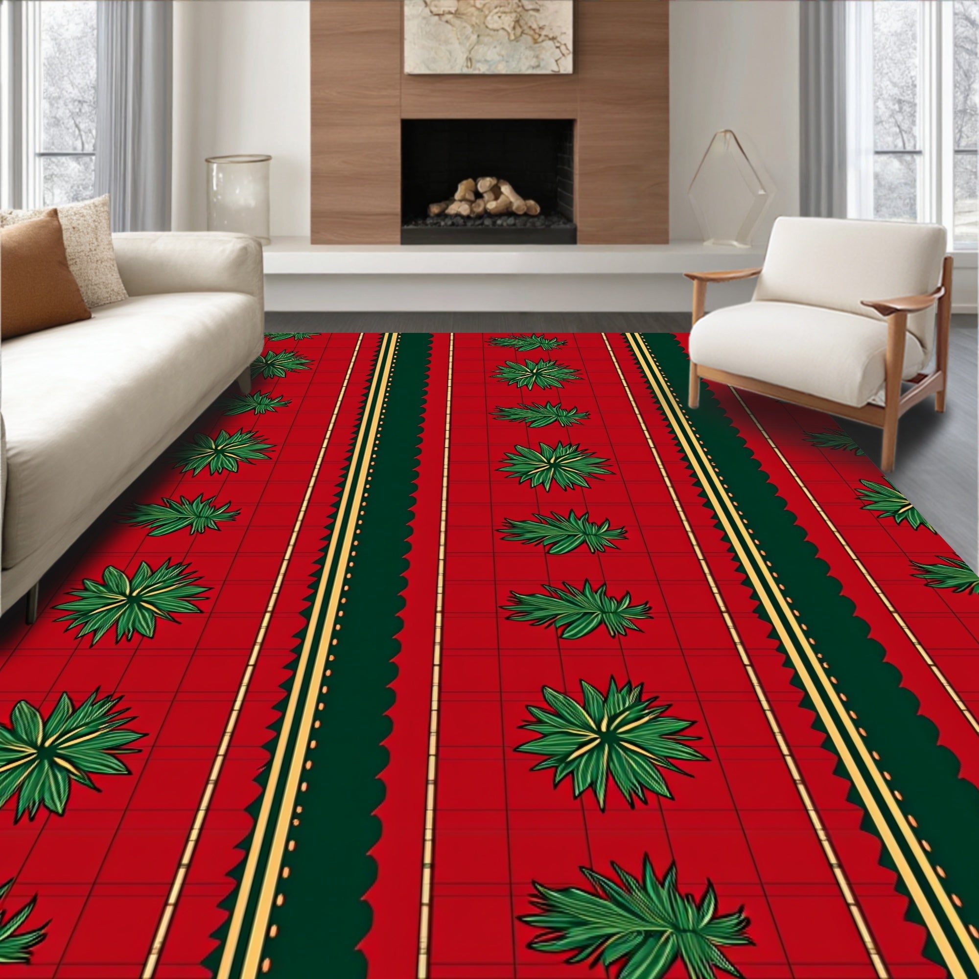 Green Leaf Pattern With Red Plaid Rug
