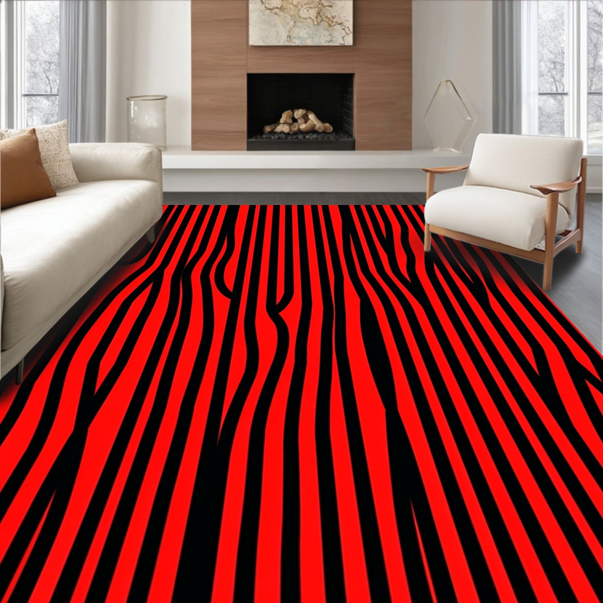 Bold Red Black Wavy Stripe Pattern Rug