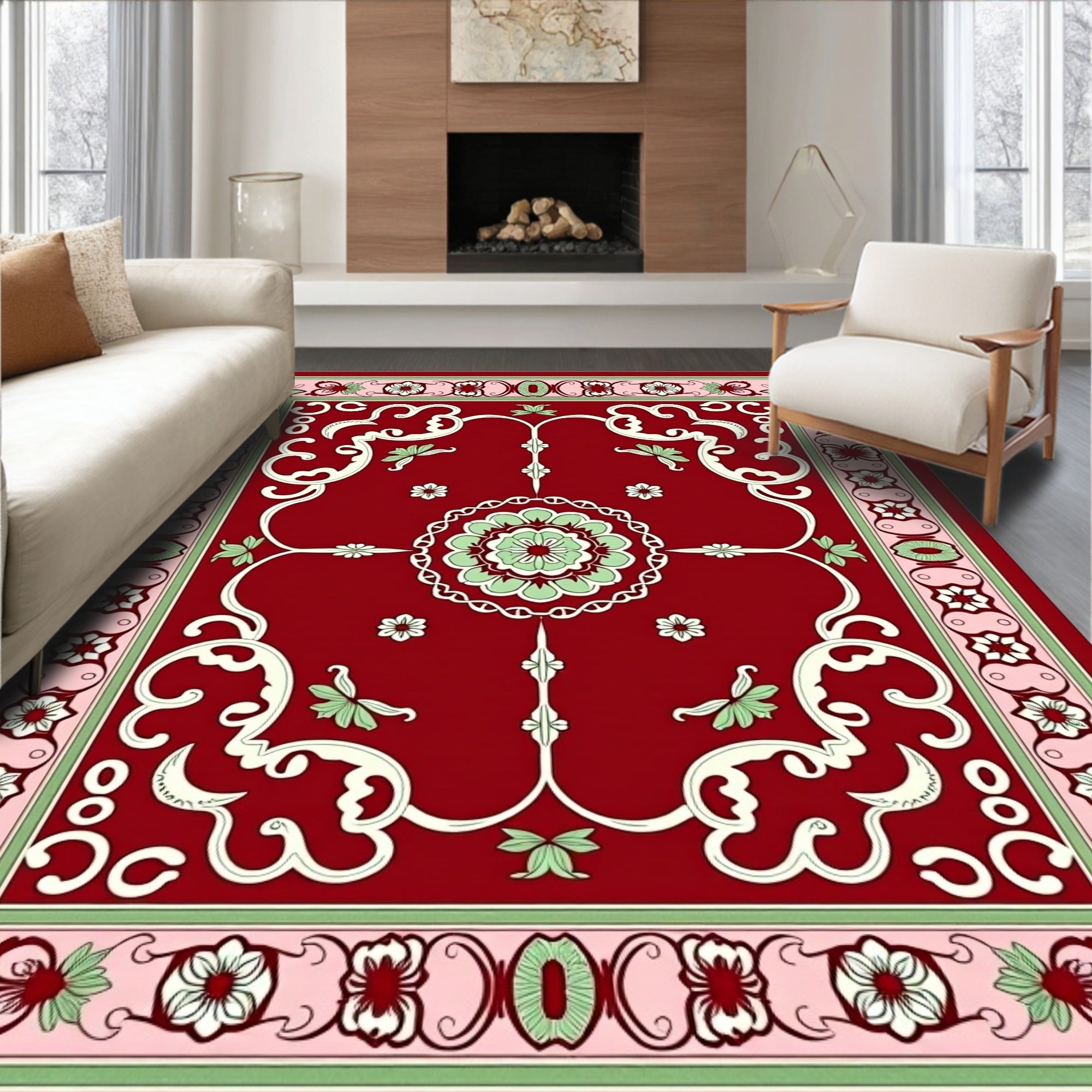 Crimson Floral Scrollwork Patterned Rug