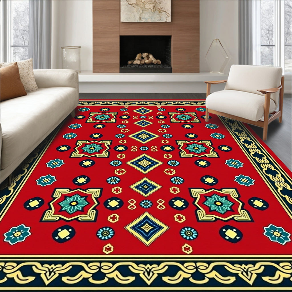 Red Floral Geometric Traditional Pattern Rug