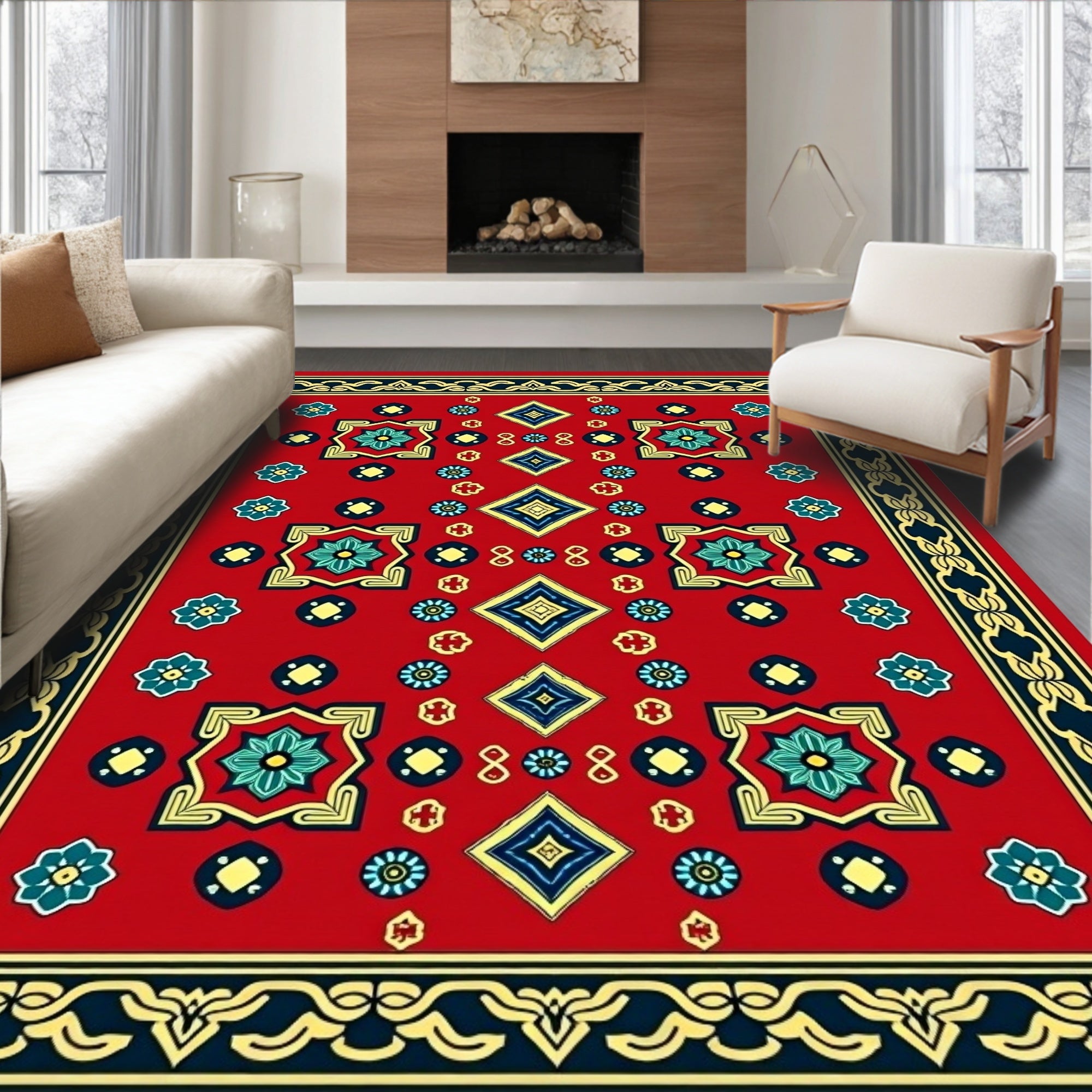 Red Floral Geometric Traditional Pattern Rug