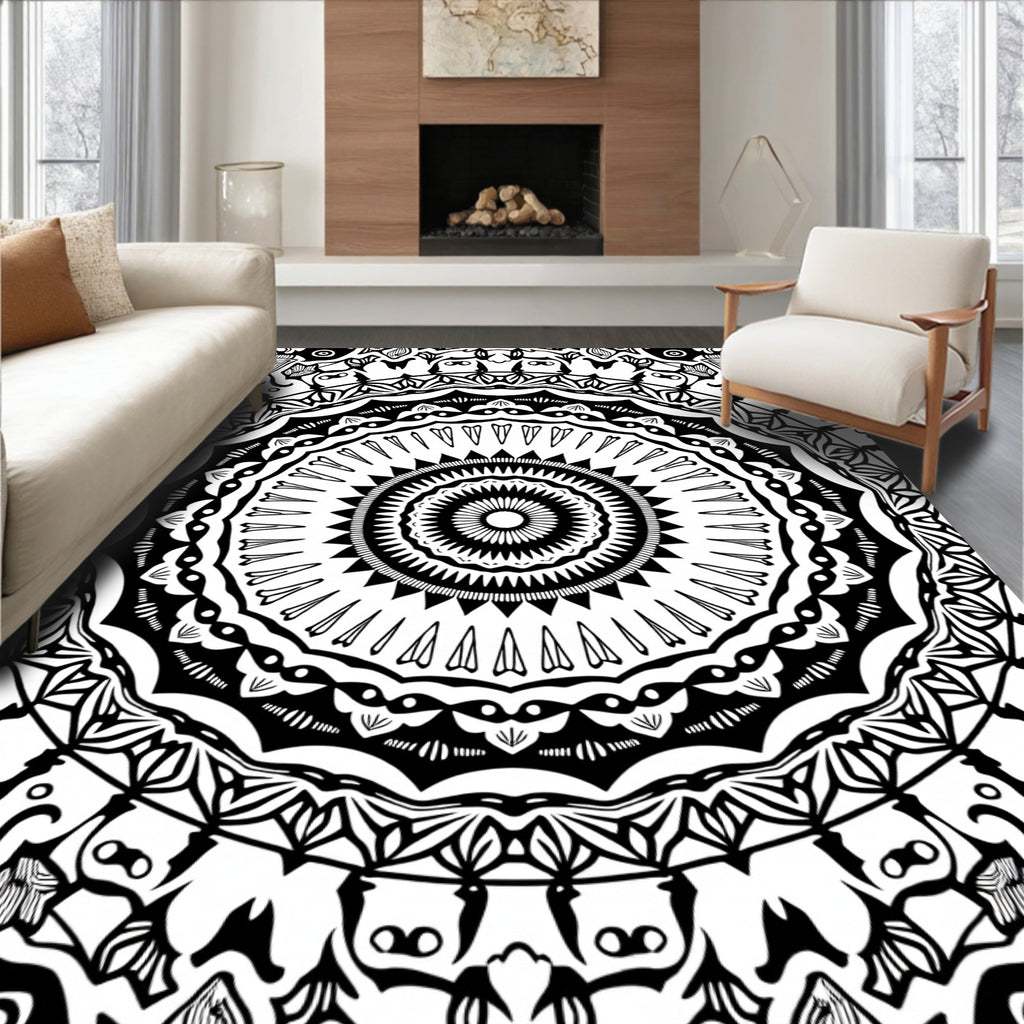 Intricate Black White Mandala Pattern Rug