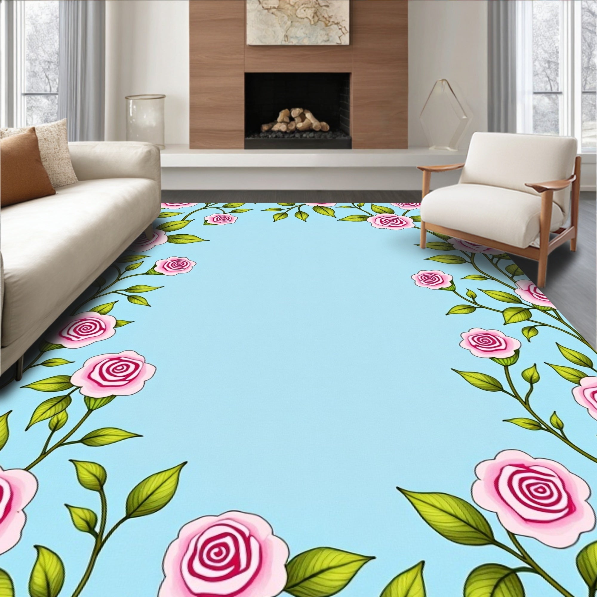Pink Rose Vines With Green Leaves Rug