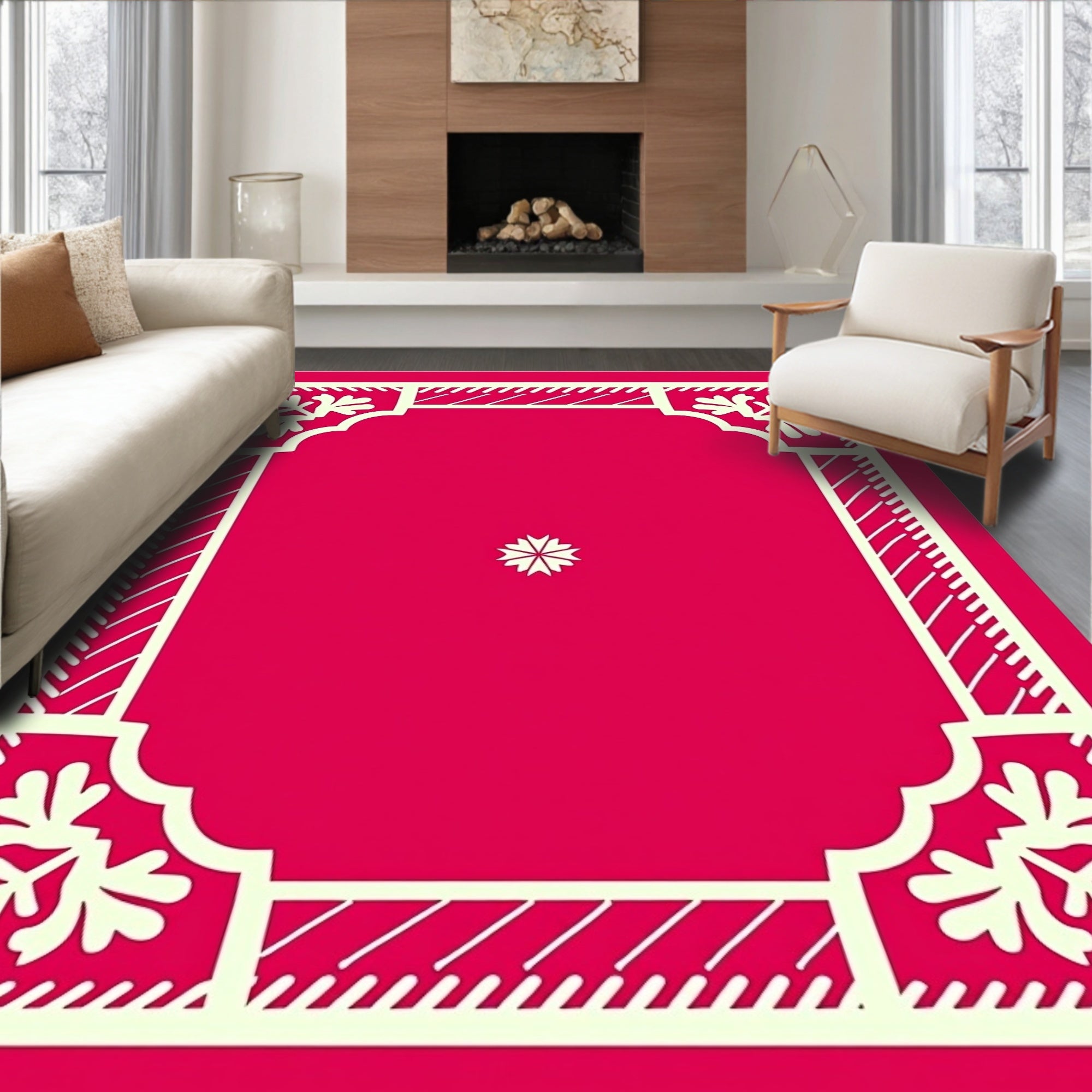 Vibrant Crimson White Floral Border Rug