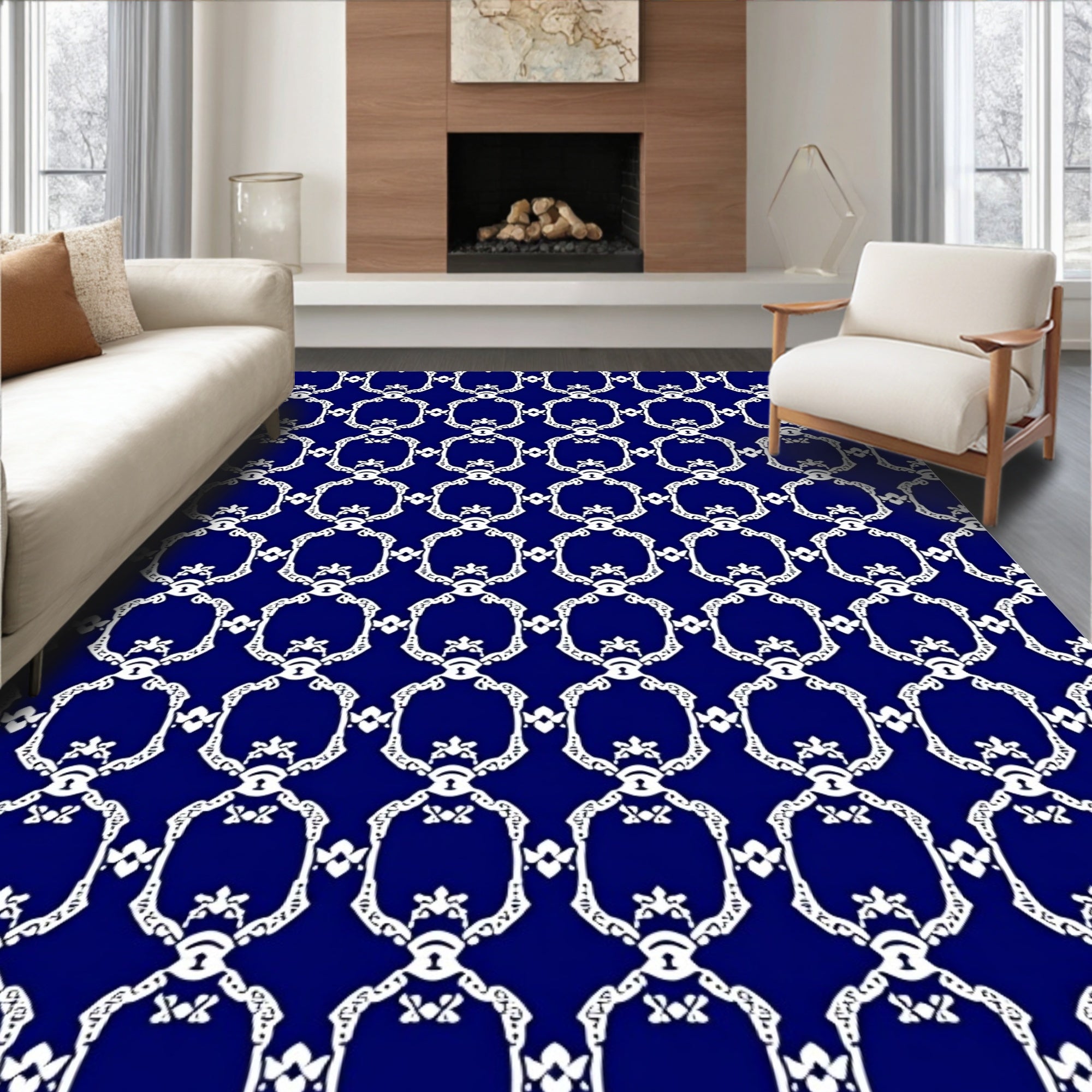 Classic Blue White Chain Pattern Rug