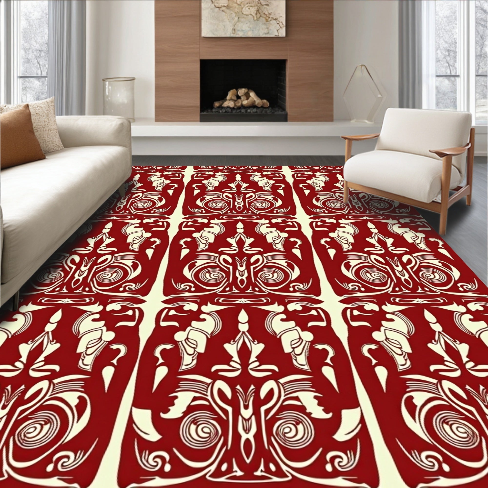 Crimson and Ivory Art Nouveau Floral Rug