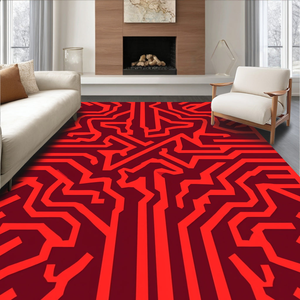 Circuit Board Red Abstract Pattern Rug