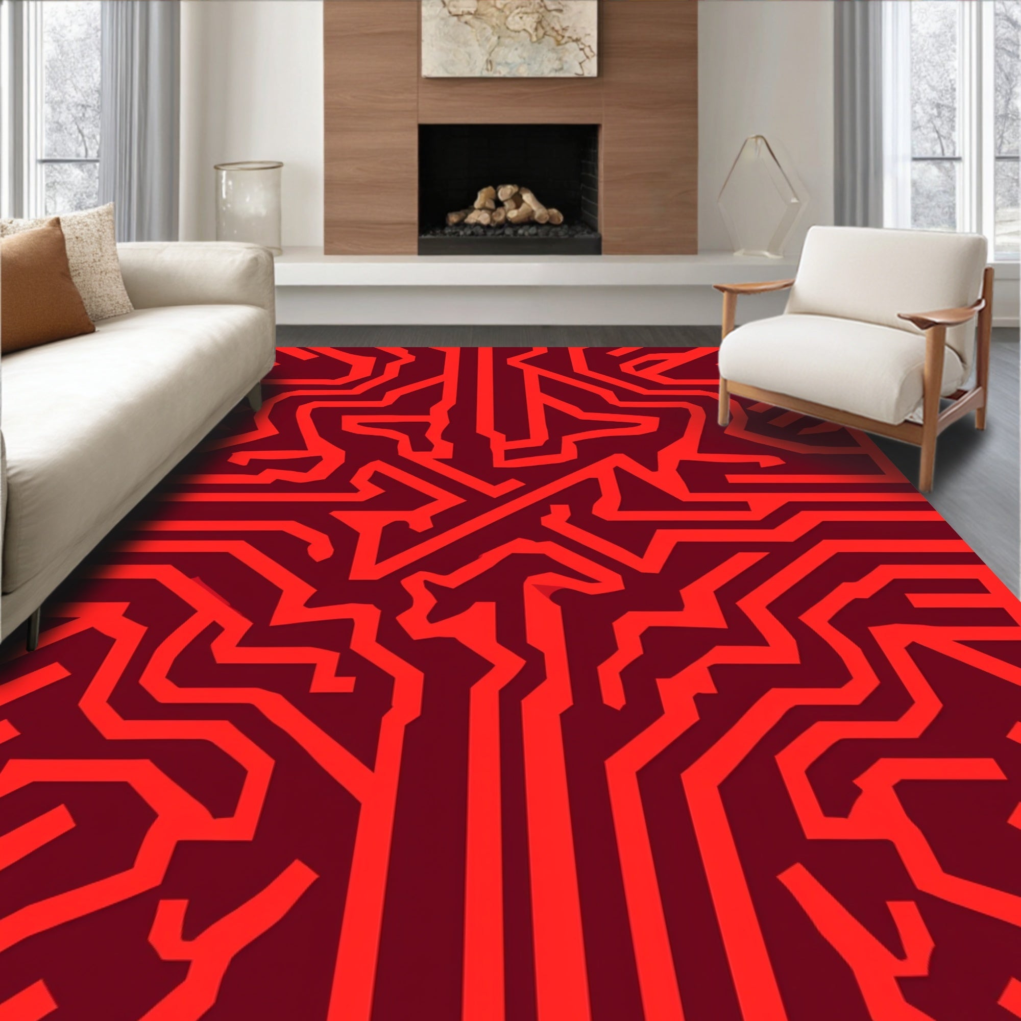 Circuit Board Red Abstract Pattern Rug