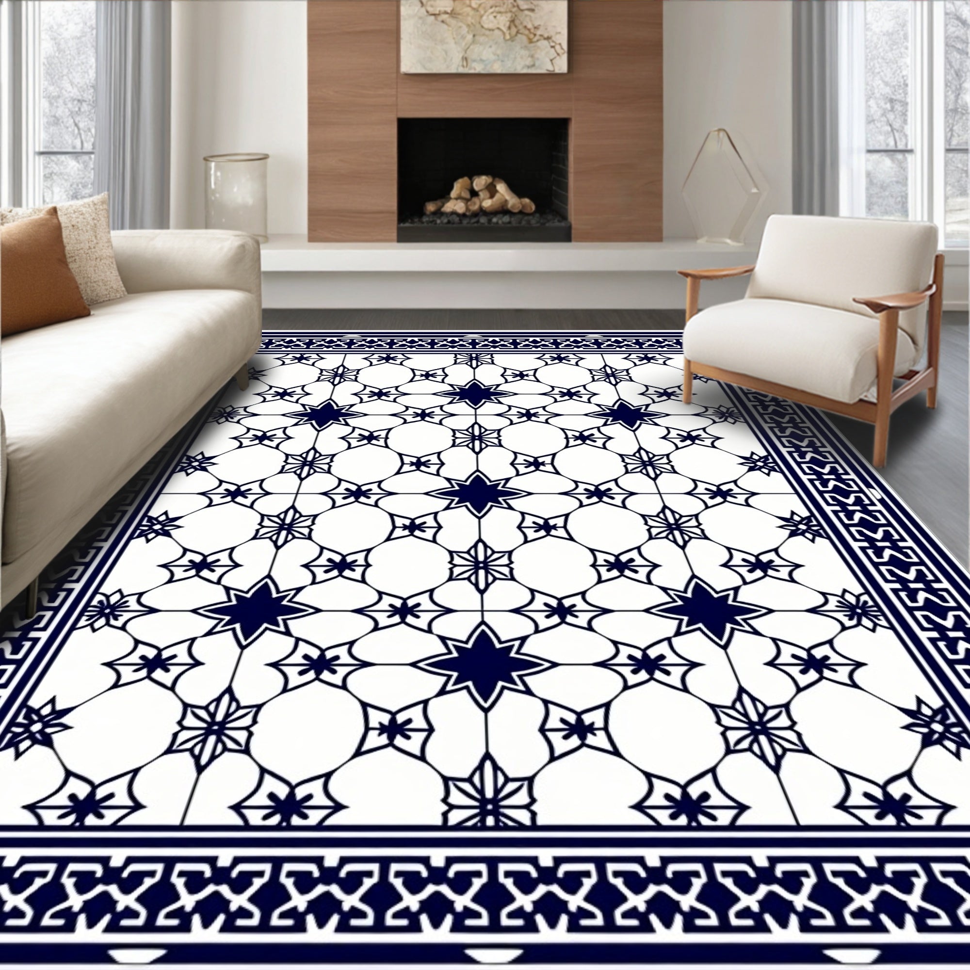 Classic Navy Star Geometric Pattern Rug