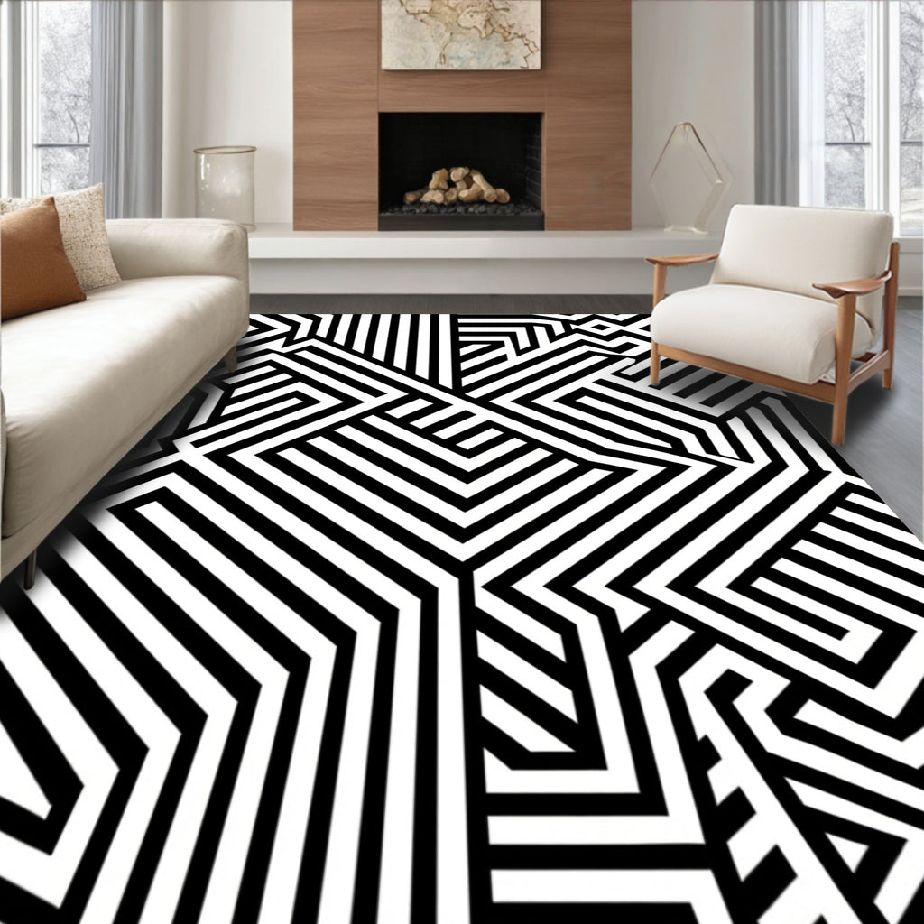 Black White Illusory Maze Pattern Rug