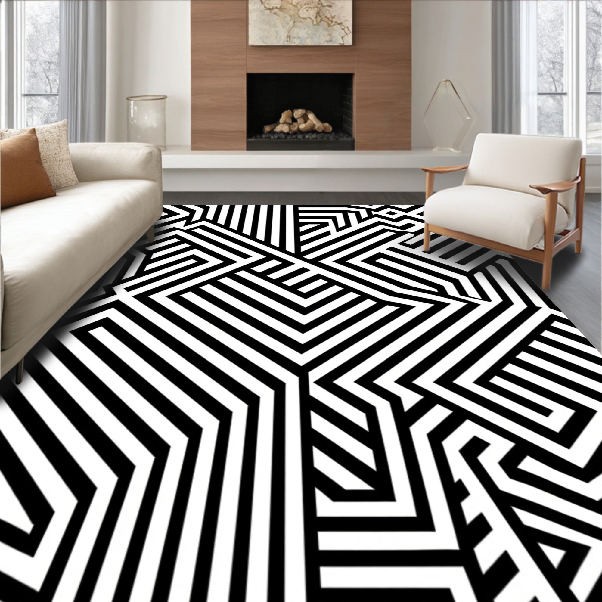 Black White Illusory Maze Pattern Rug