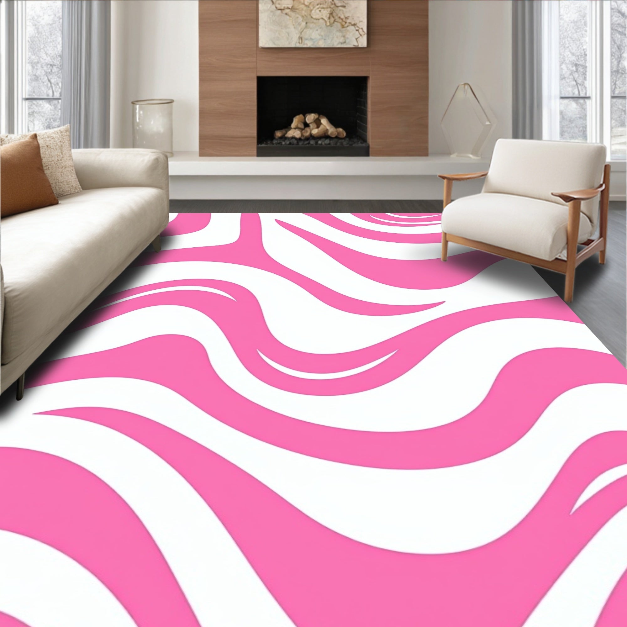 Pink and White Swirling Pattern Rug