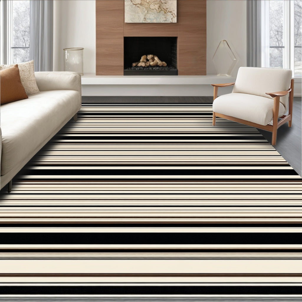 Classic Black Cream Stripe Design Rug