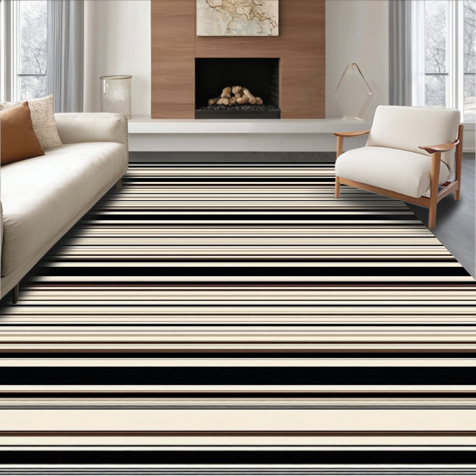 Classic Black Cream Stripe Design Rug