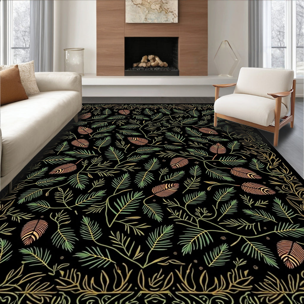 Ornate Black Botanical Leaf Collage Rug