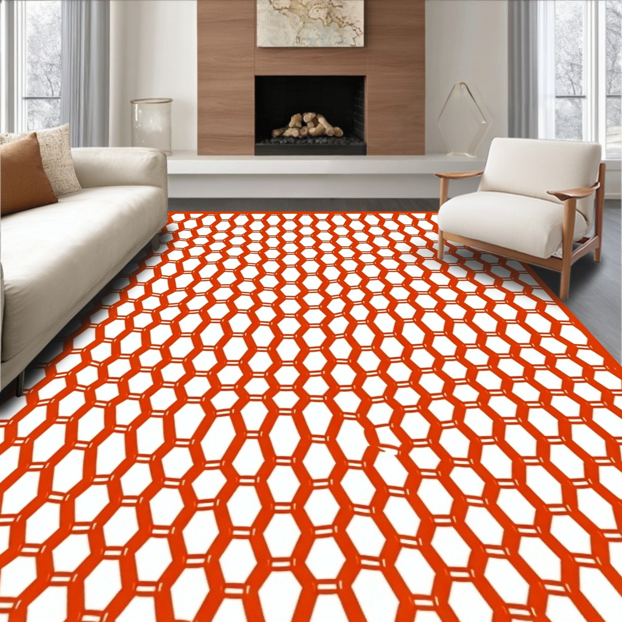 Modern Red Hexagonal Pattern Rug