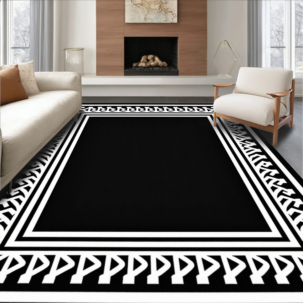 Bold Black White Geometric Border Rug