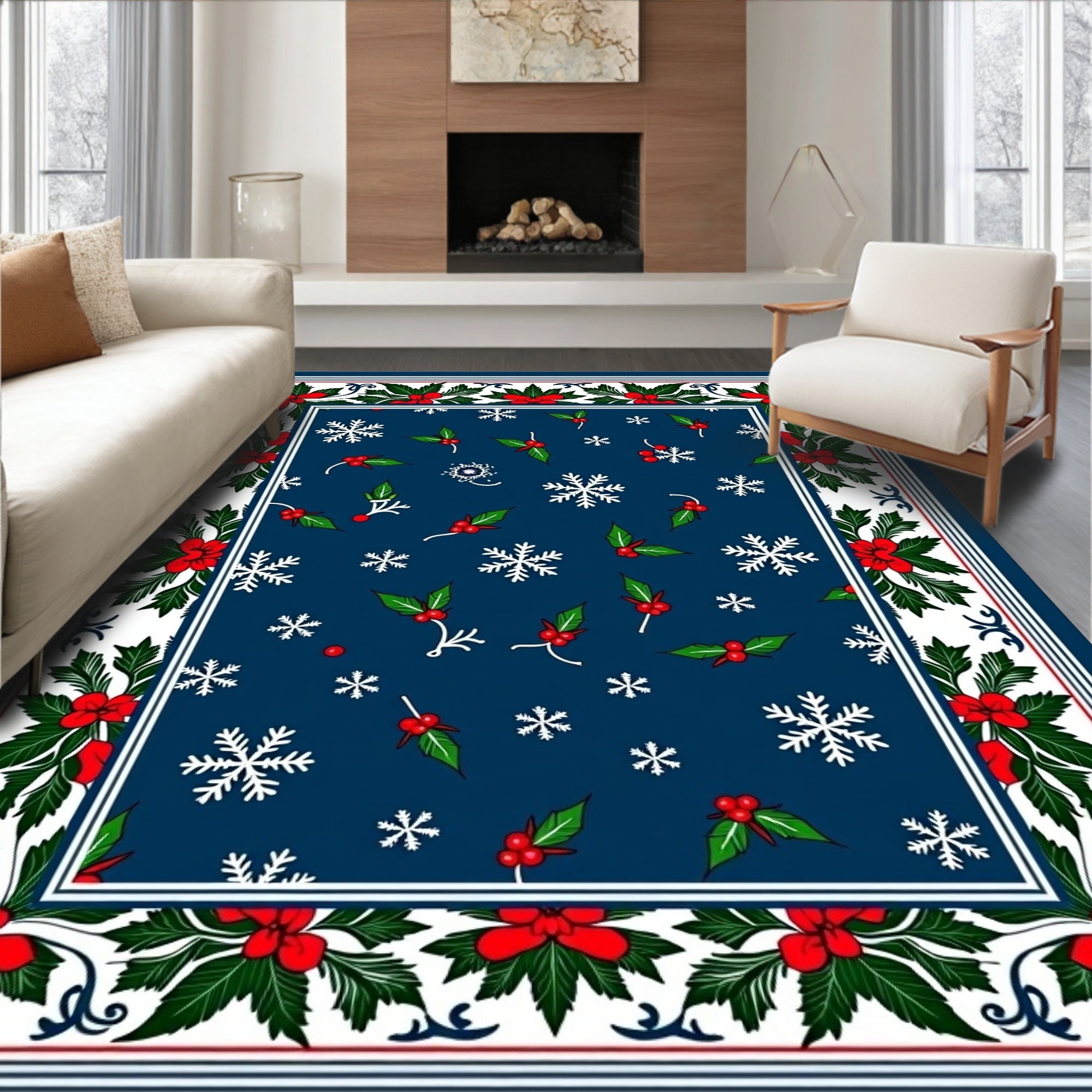 Winter Snowflake Holly Berry Border Rug
