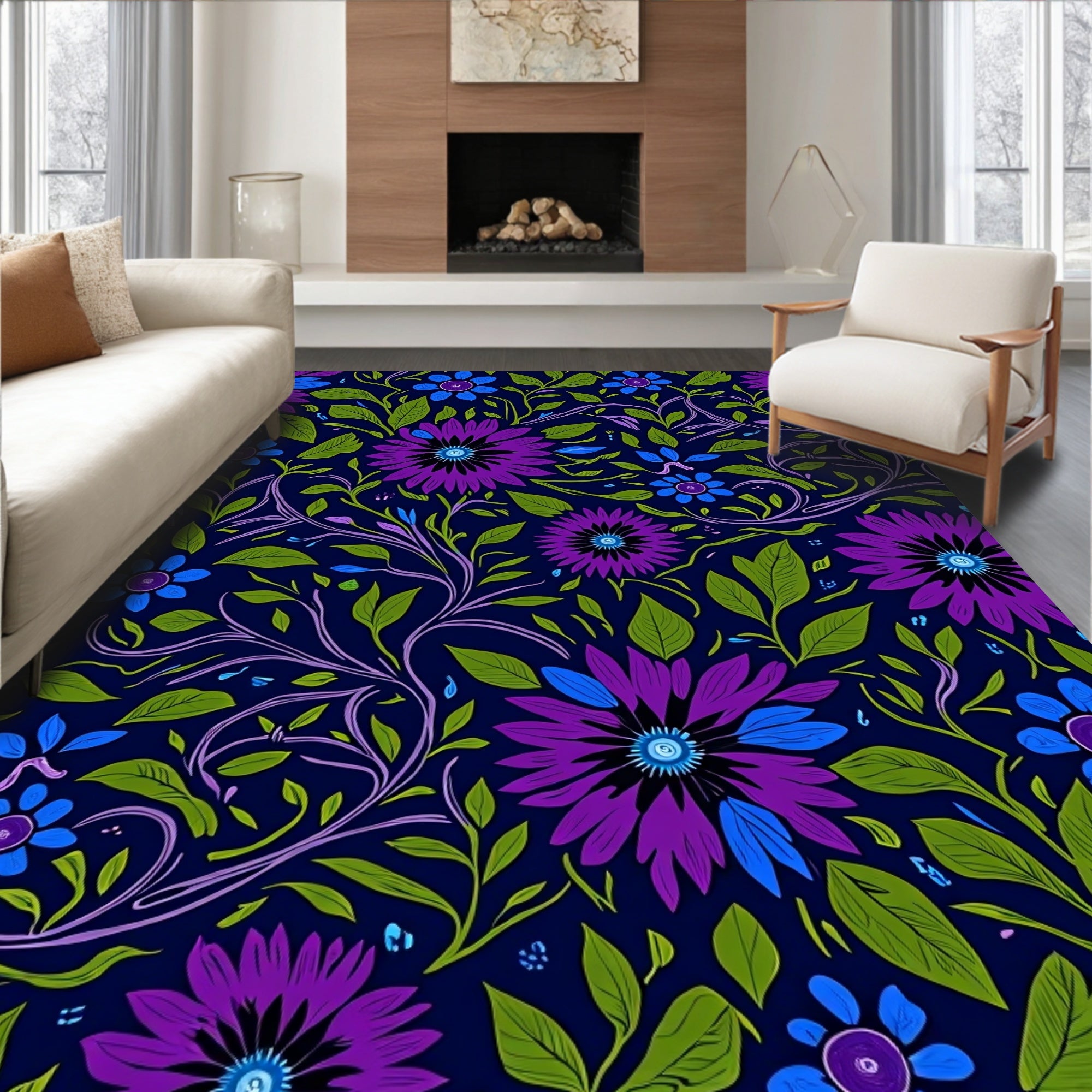 Ornate Purple Blue Floral Vines Rug
