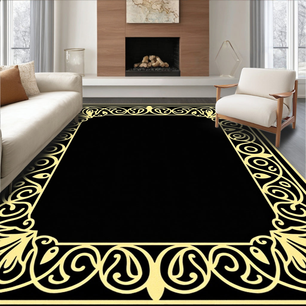 Elegant Yellow Floral Scroll Border Rug