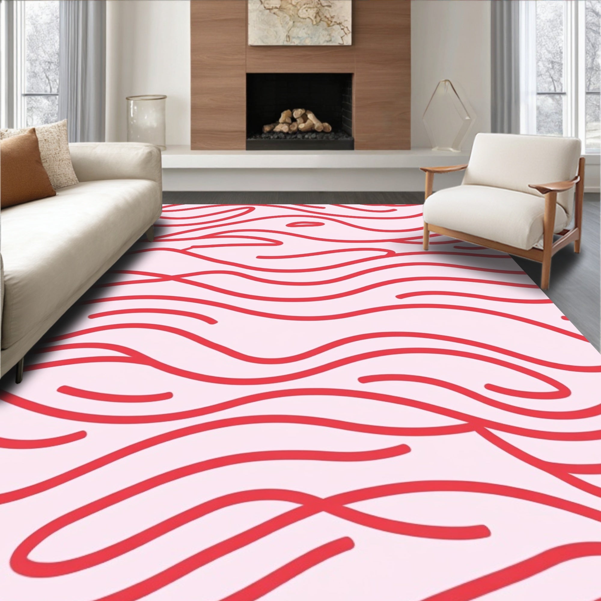 Abstract Red Wavy Lines Pattern Rug