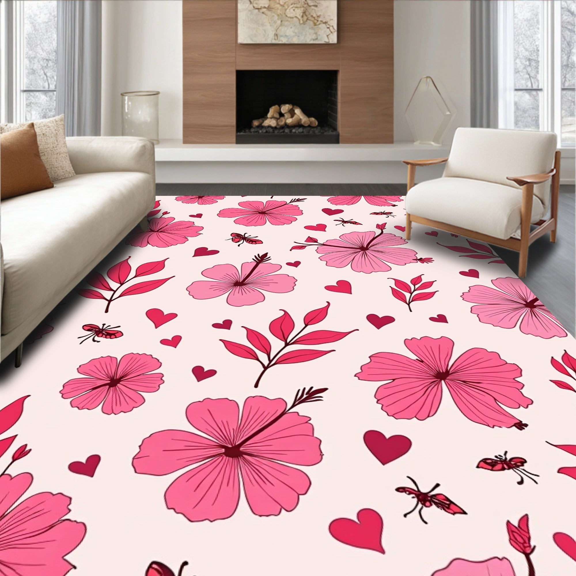 Pink Hibiscus And Heart Pattern Rug