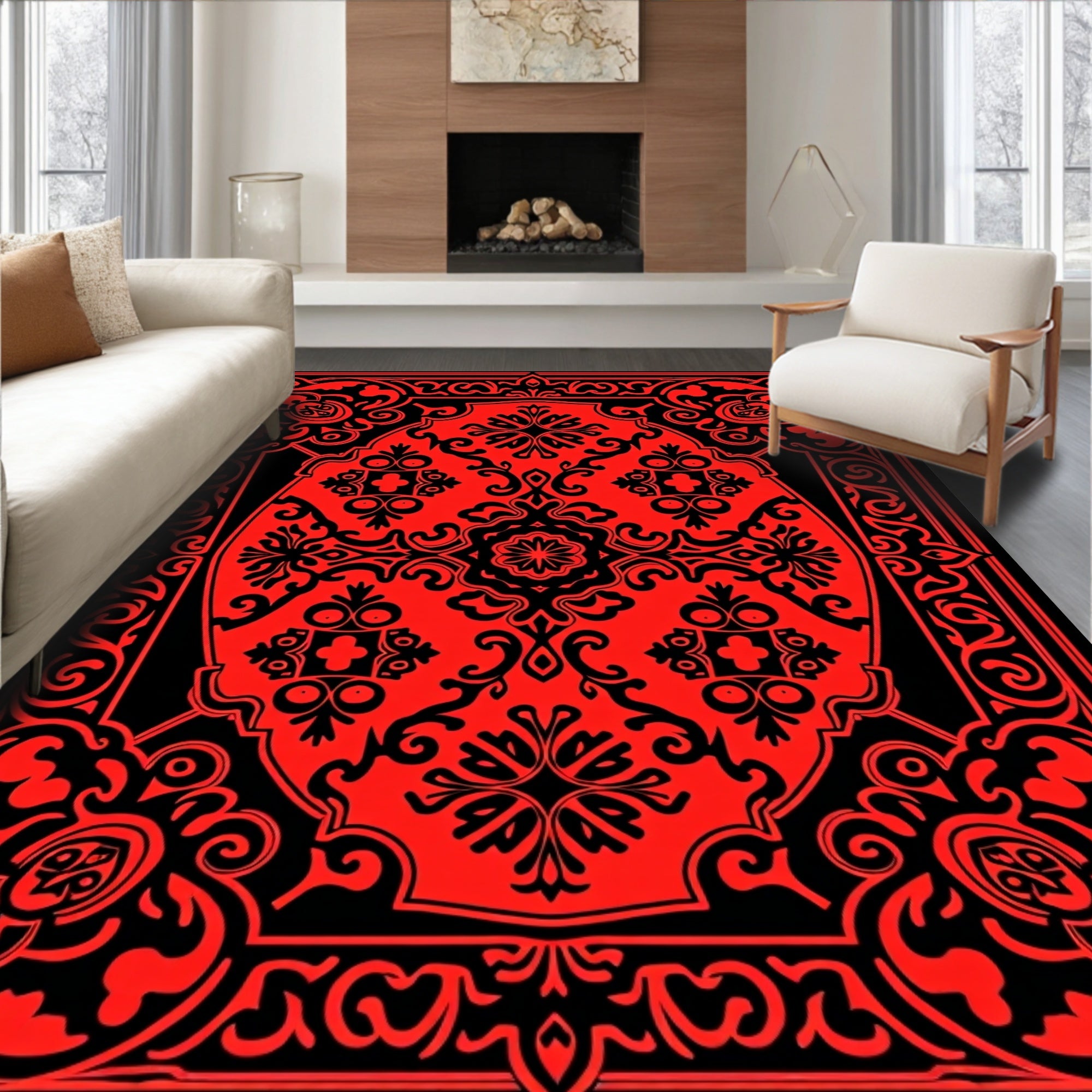 Red Black Intricate Floral Pattern Rug