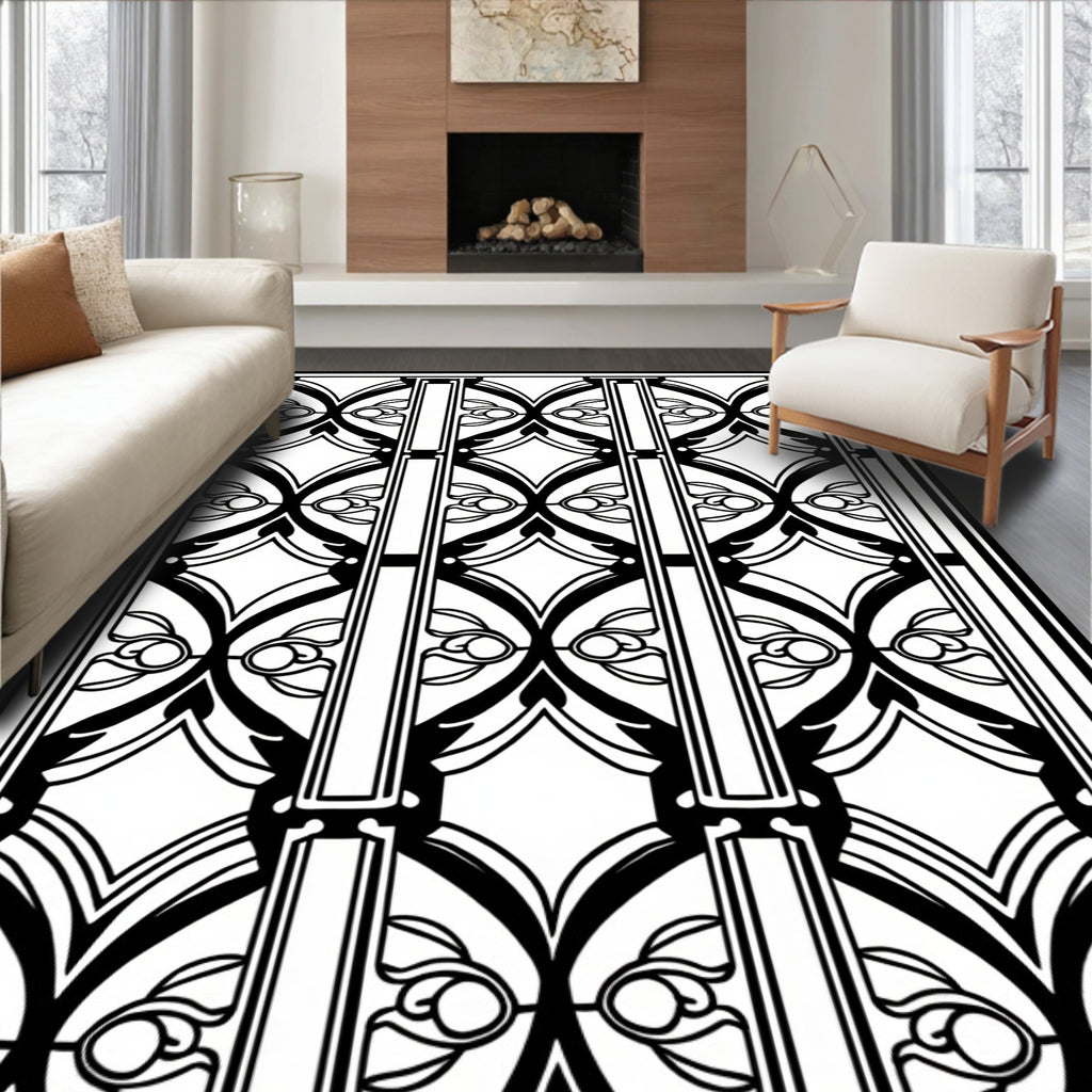 Striking Black White Floral Motif Rug