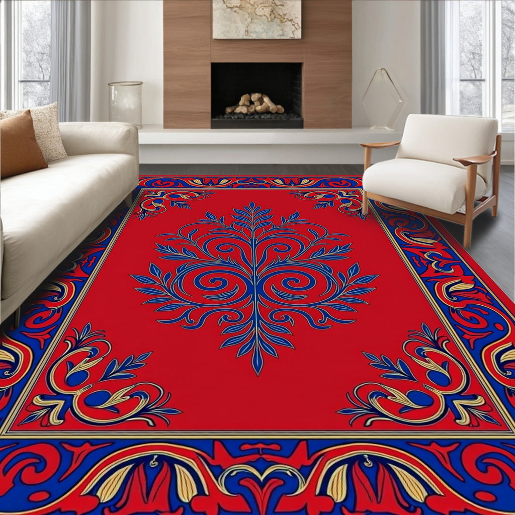 Royal Red Blue Gold Floral Border Design Rug