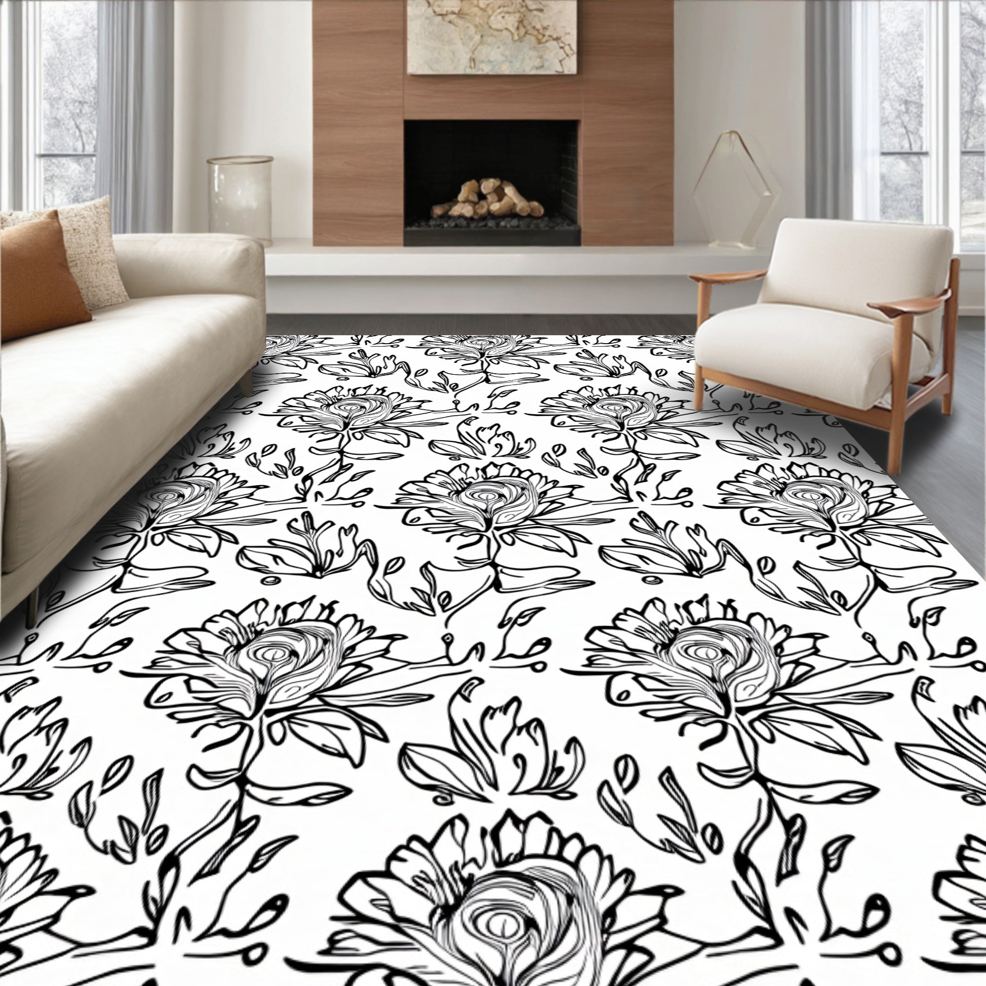Classic Floral Black White Line Art Rug