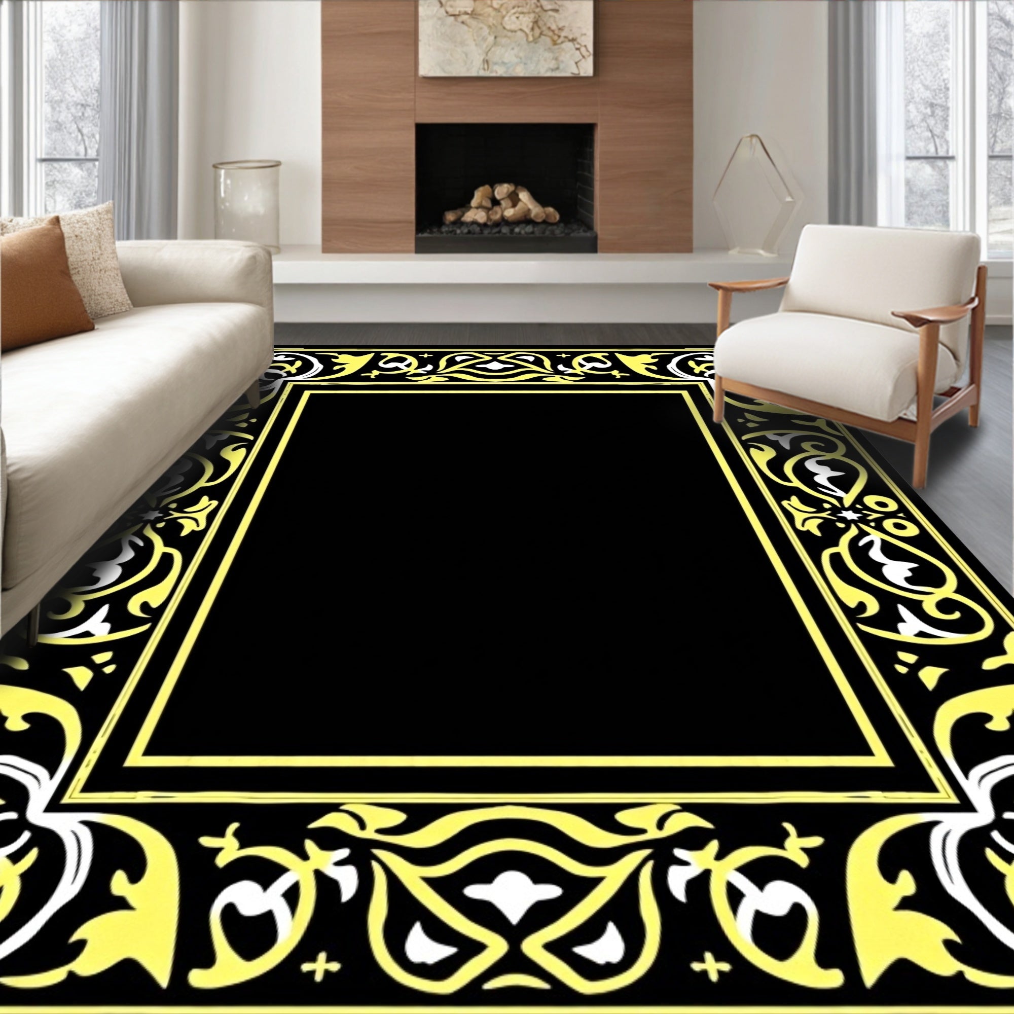 Elegant Yellow and White Floral Border Rug