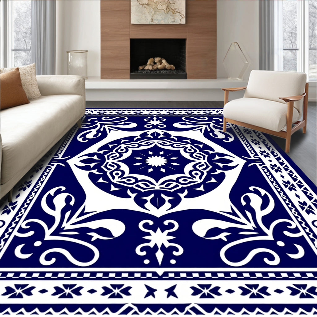 Classic Blue White Mandala Pattern Rug