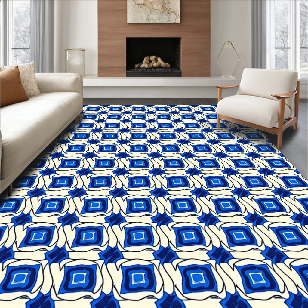 Blue Cream Geometric Square Design Rug