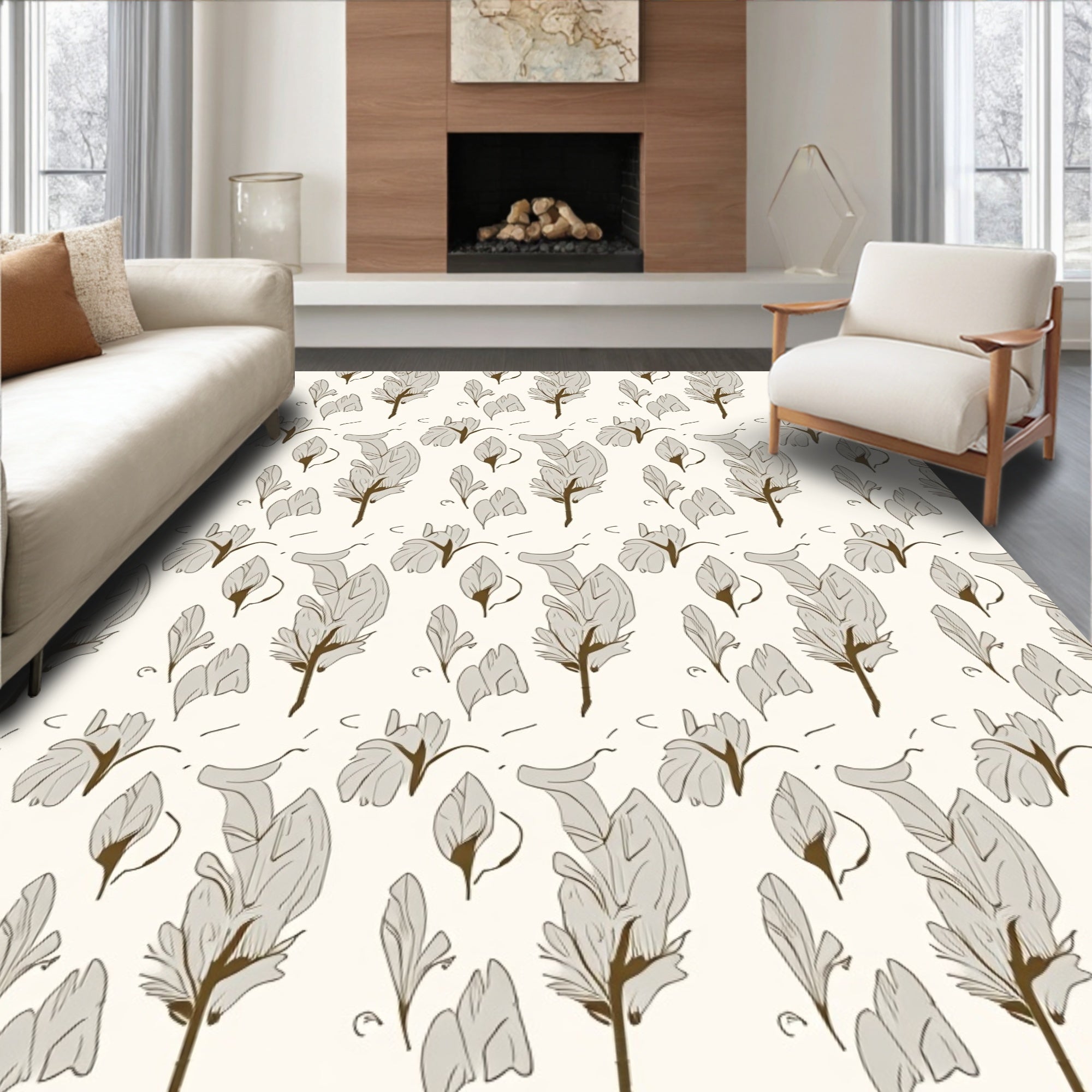 Elegant Feather And Leaf Pattern Rug