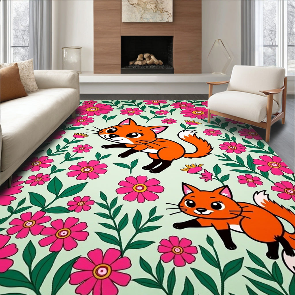 Whimsical Foxes Floral Garden Rug